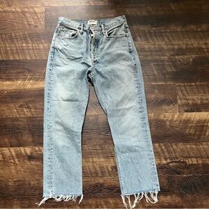 Agolde Riley light wash high rise denim button fly cutoff raw hem denim jeans 28
